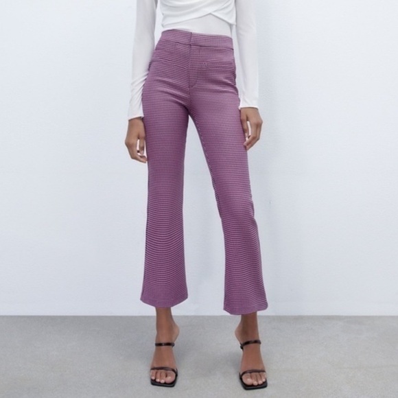 Zara Pants - Zara Pink Houndstooth Flare High Waist Stretch Crop Pants Size Small NWOT